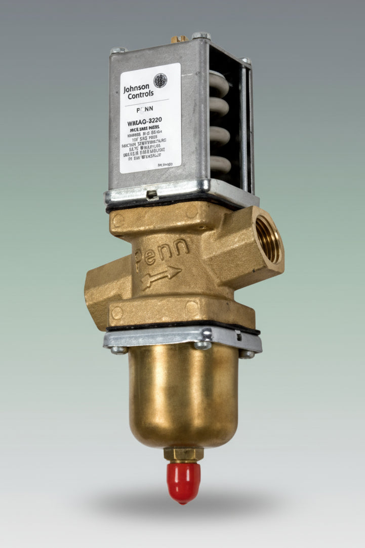 Brass valve with a Johnson Controls label on a white background