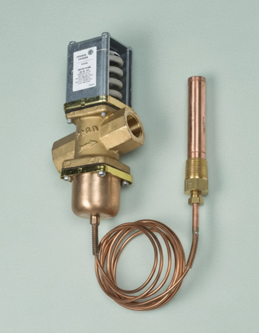 Brass valve with copper thermocouple on a white background