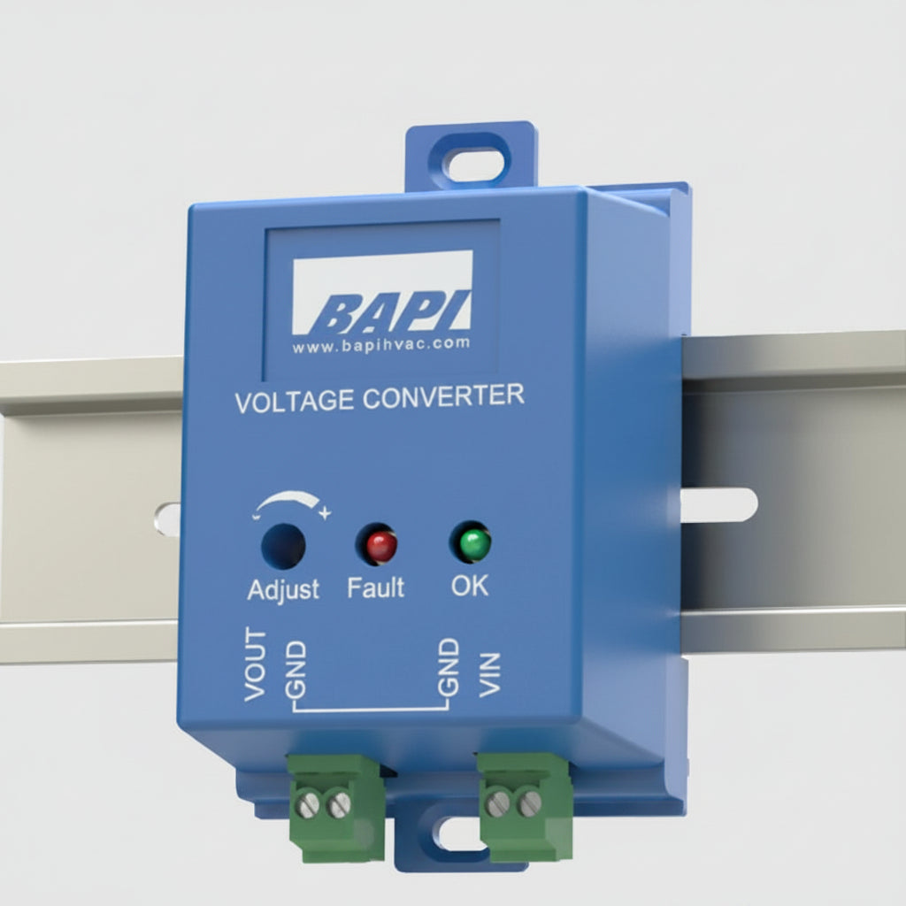 Blue voltage converter with BAPI branding on a light gray background