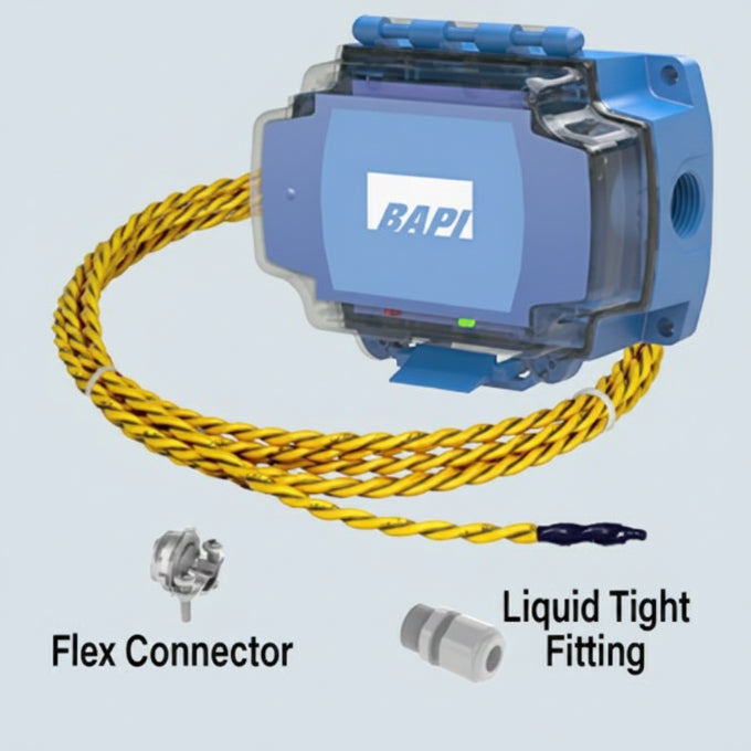 Blue electrical connector with yellow cable and accessories on a white 