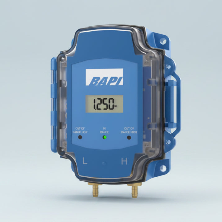 Blue electronic device with digital display and 'BAPI' branding on a light gray background