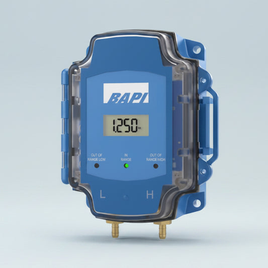 Blue electronic device with digital display and 'BAPI' branding on a light gray background