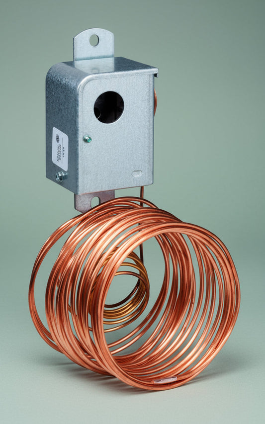 Metal box with copper coils on a green background