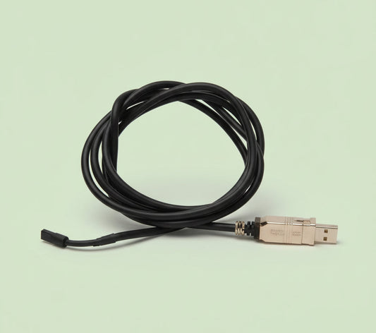 Black cable with a plug on a white background