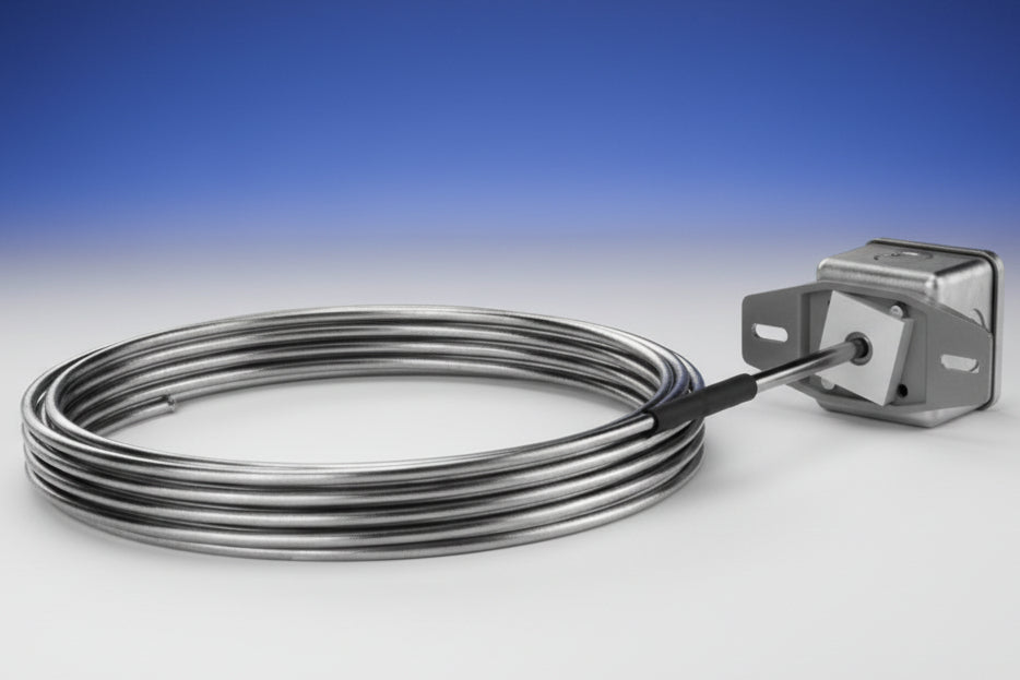 Temp sensor box with coiled cable on a white background