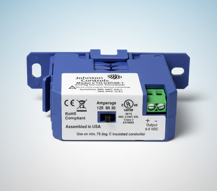 Johnson Controls electronic device with blue casing and white label on a white background