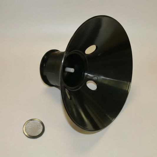 Black plastic component on a white background