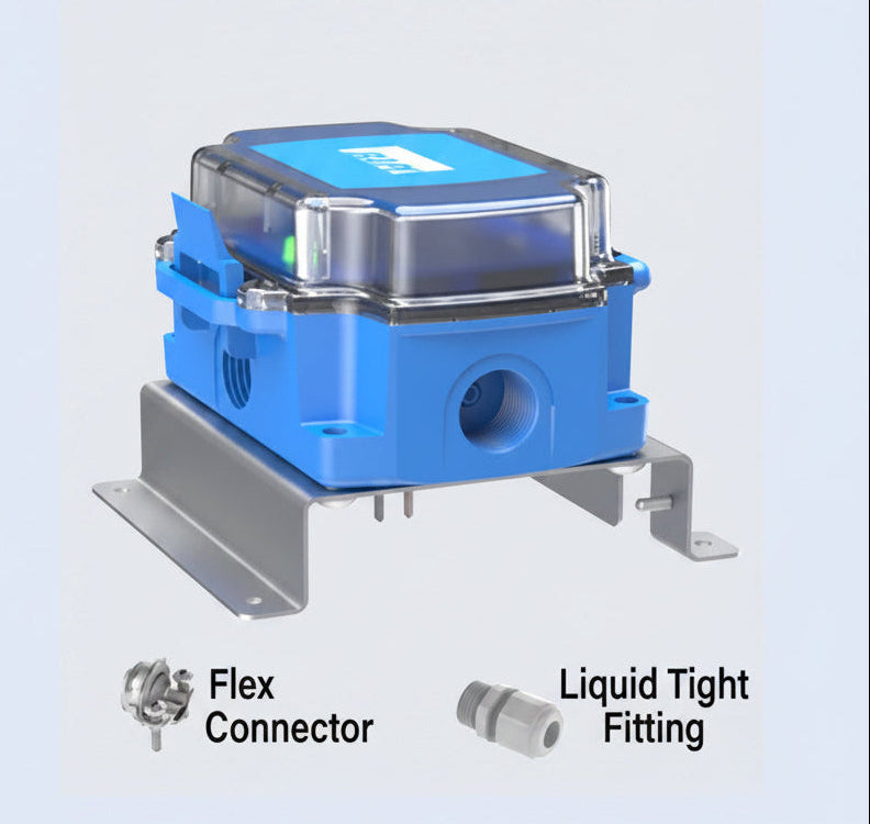 Blue electrical junction box with flex connector and liquid tight fitting on a white background
