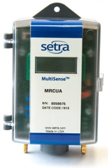 Setra Multi-Range Critical Pressure Transducer, model MRC, with a digital display and multiple connection ports.