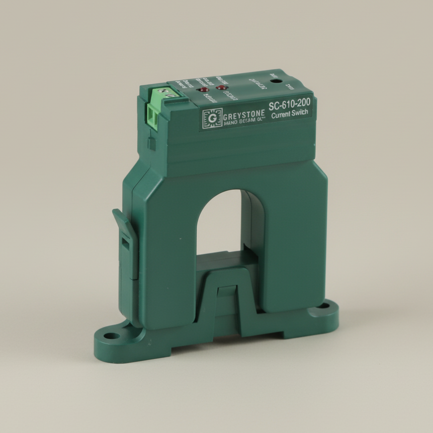 Green electrical current transformer on a white background