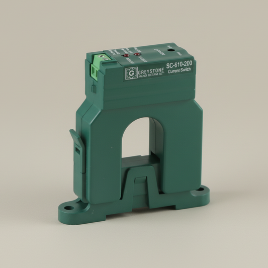 Green electrical current transformer on a white background