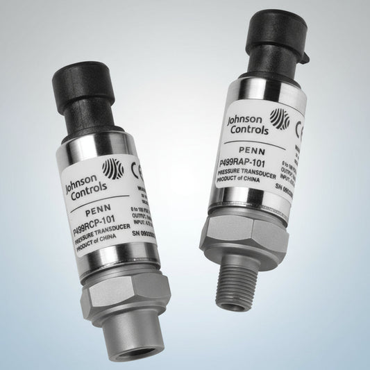 Two Johnson Controls pressure transducers on a white background