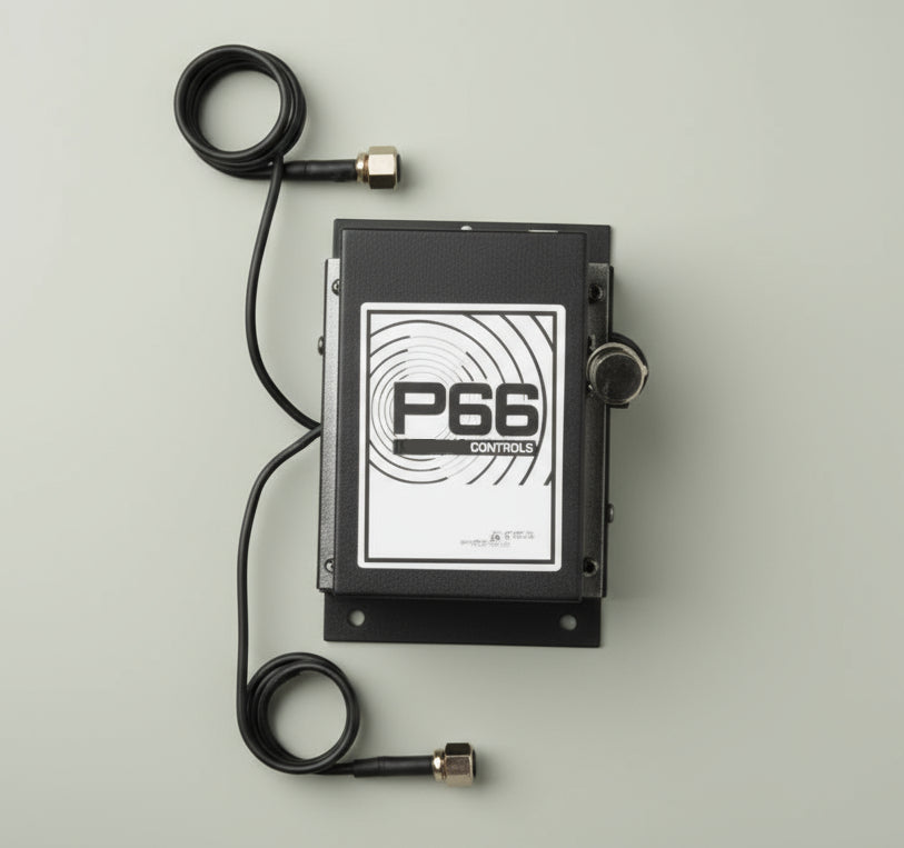 Black electronic device with 'P66' branding on a white background