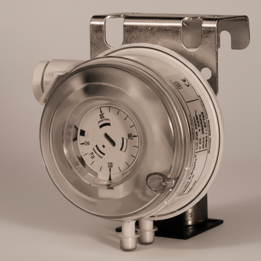 Mechanical device with a circular component and metal bracket on a white background