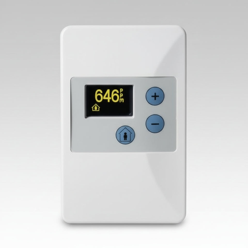 Wall display unit with buttons on a grey background