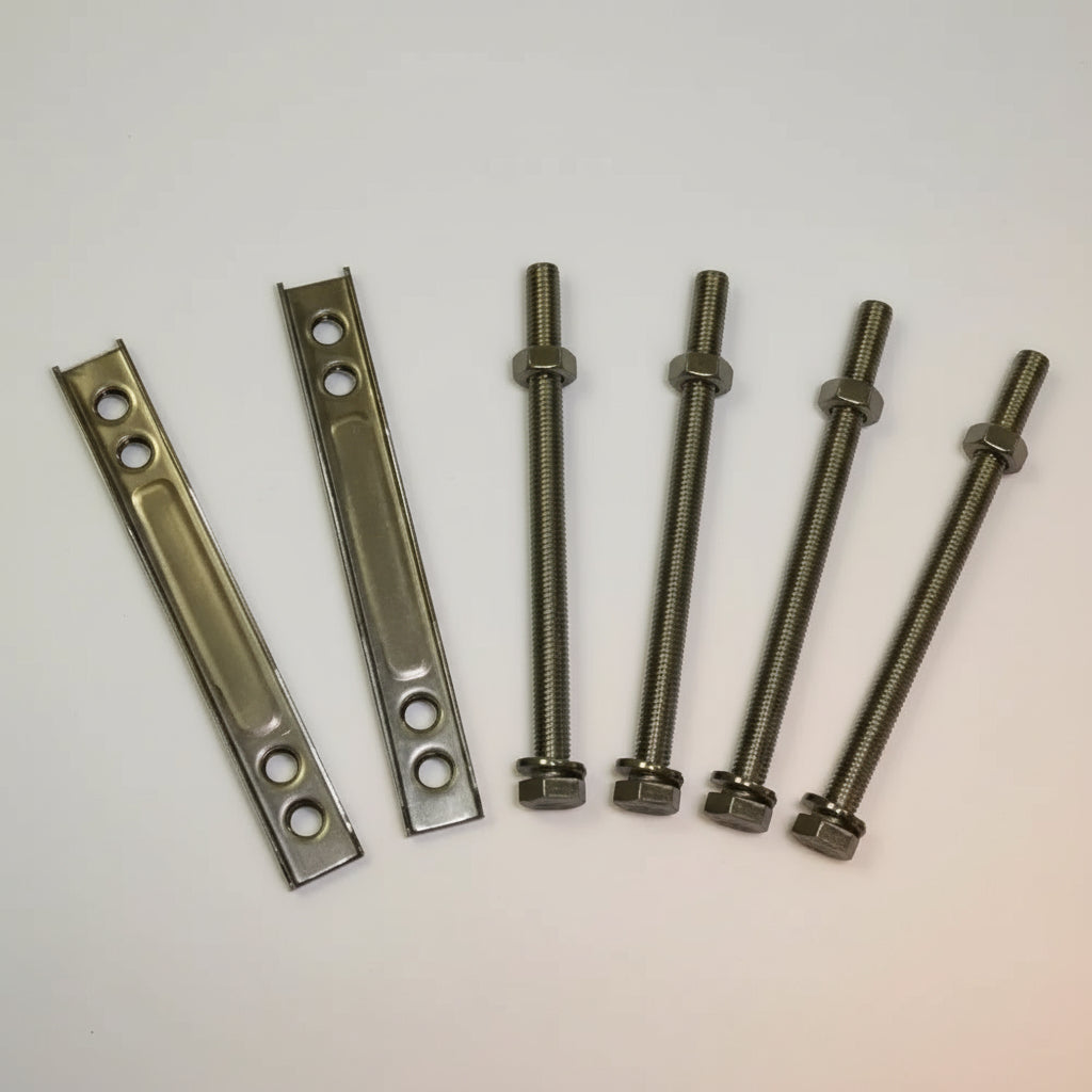 Set of metal bolts and brackets on a white background